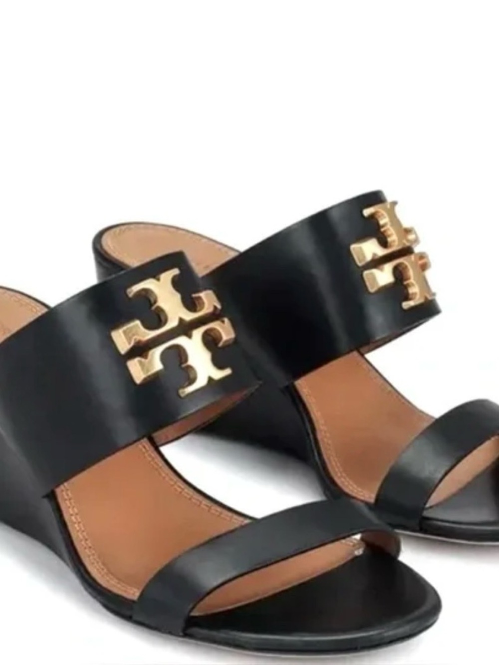 Tory Burch Black Leather Gold-Logo Slide Mules